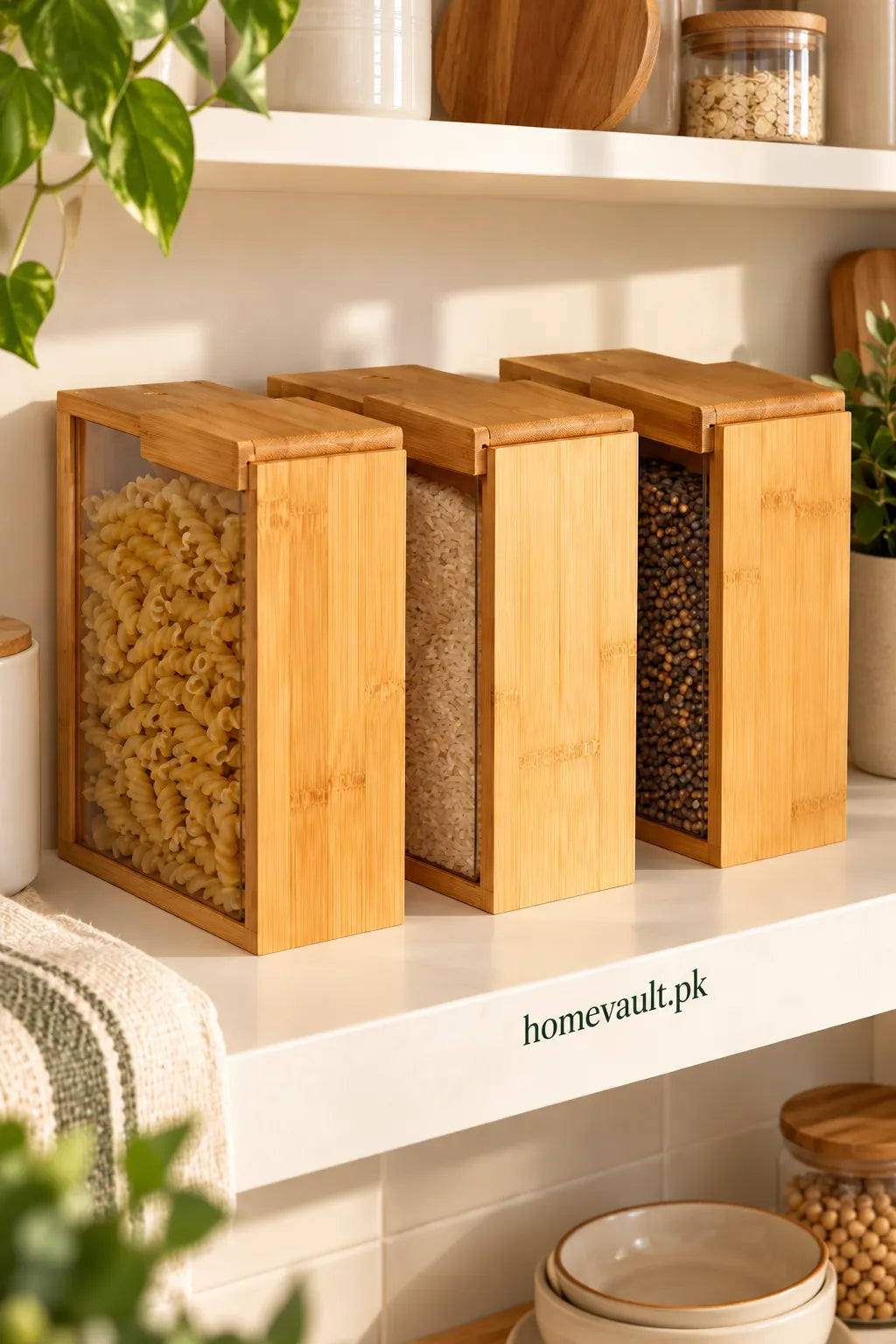 Bamboo Sliding Lid Storage Container – Clear Pantry Organizer