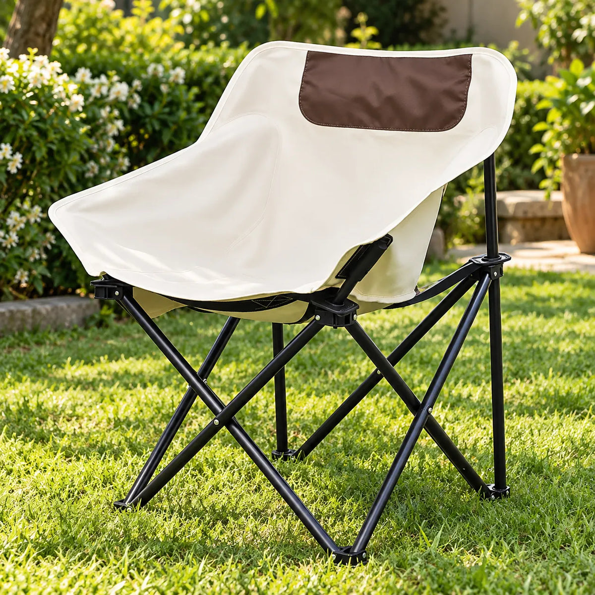HomeVault Portable Folding Camping Chair with Carry Bag – Cream & Brown