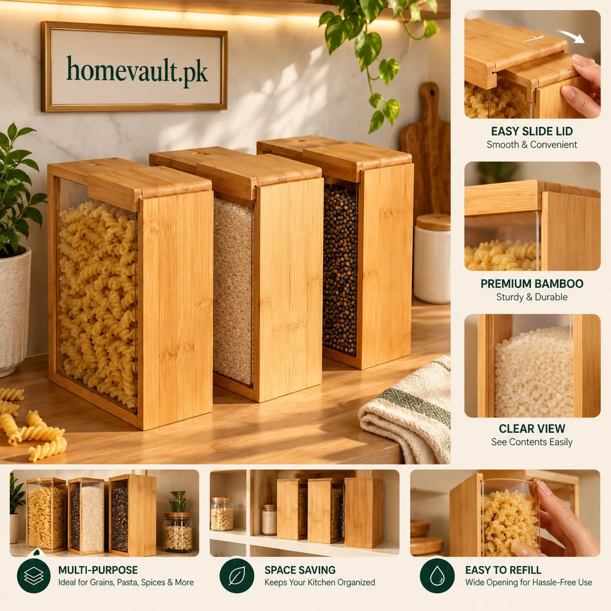 Bamboo Sliding Lid Storage Container – Clear Pantry Organizer