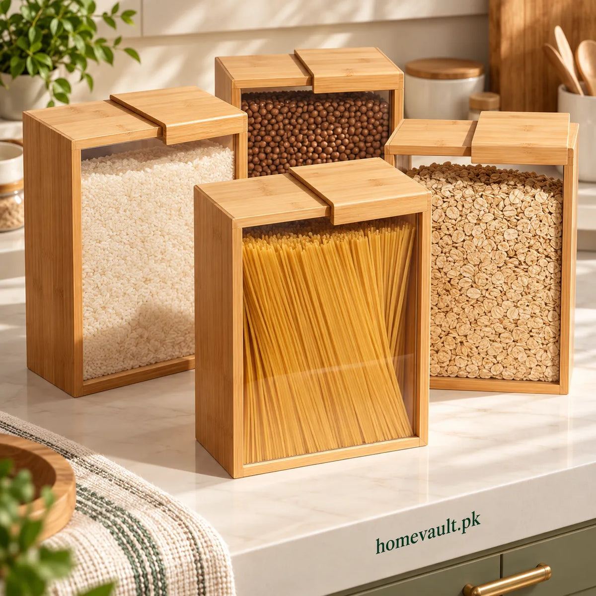 Bamboo Sliding Lid Storage Container – Clear Pantry Organizer