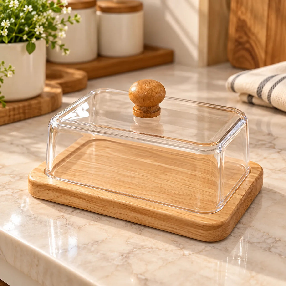 Glass Butter Dish with Wooden Base & Clear Cover – HomeVault